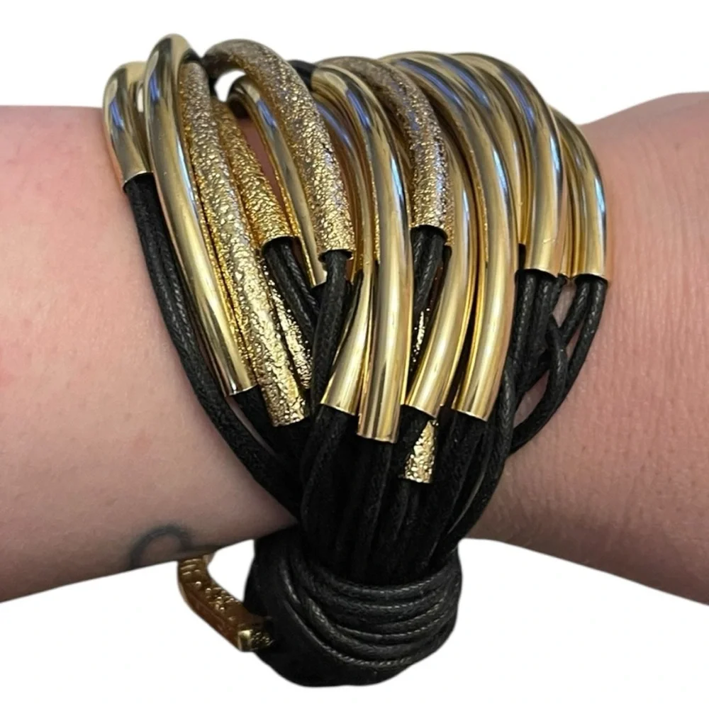 SAACHI Black & Gold Multi-Strand Bracelet - Black Cord with Gold Tube Beads